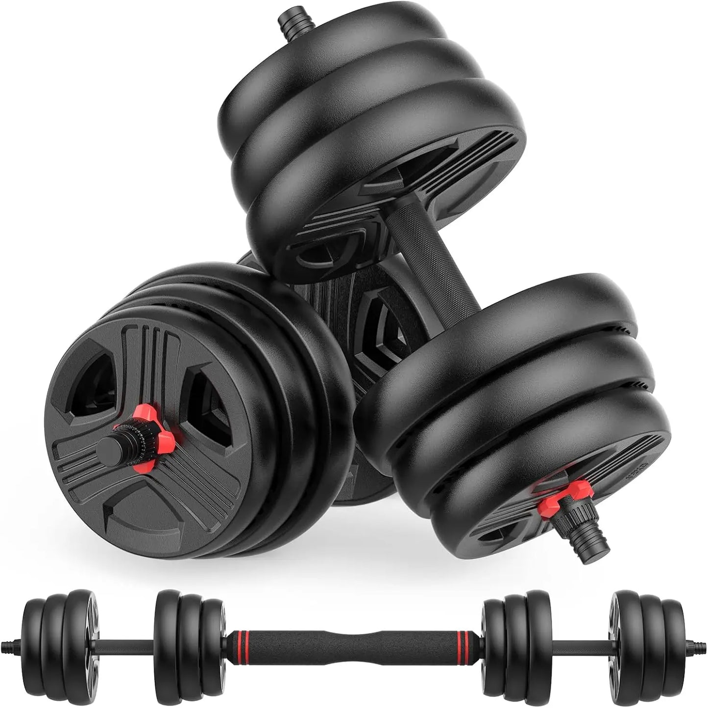 Adjustable Dumbbells, 30lbs total (15lb pair) Free Weights Dumbbells Convertible 2 or 3 in 1 Set Used as Barbell, Kettlebells