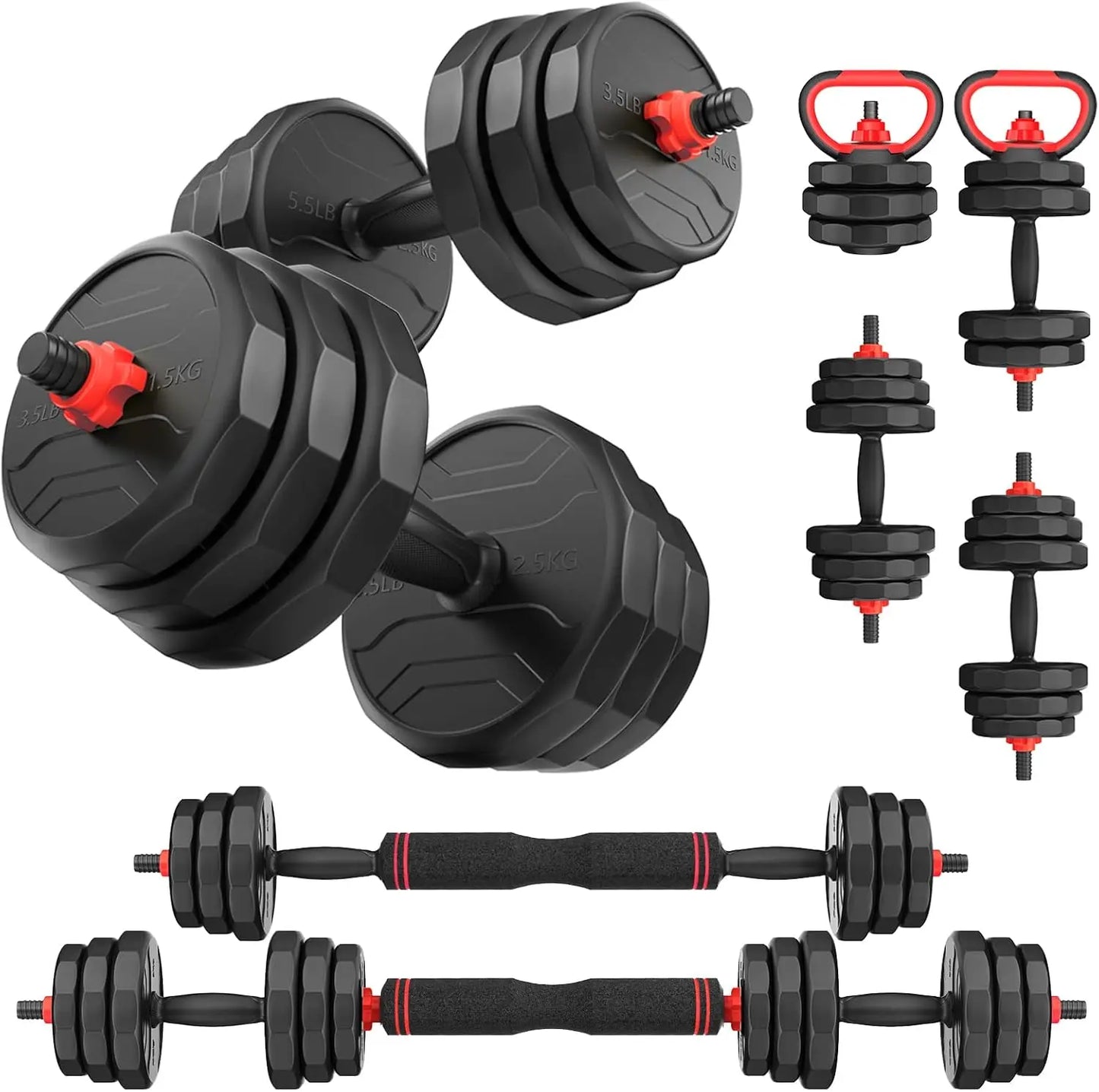 Adjustable Dumbbells, 30lbs total (15lb pair) Free Weights Dumbbells Convertible 2 or 3 in 1 Set Used as Barbell, Kettlebells