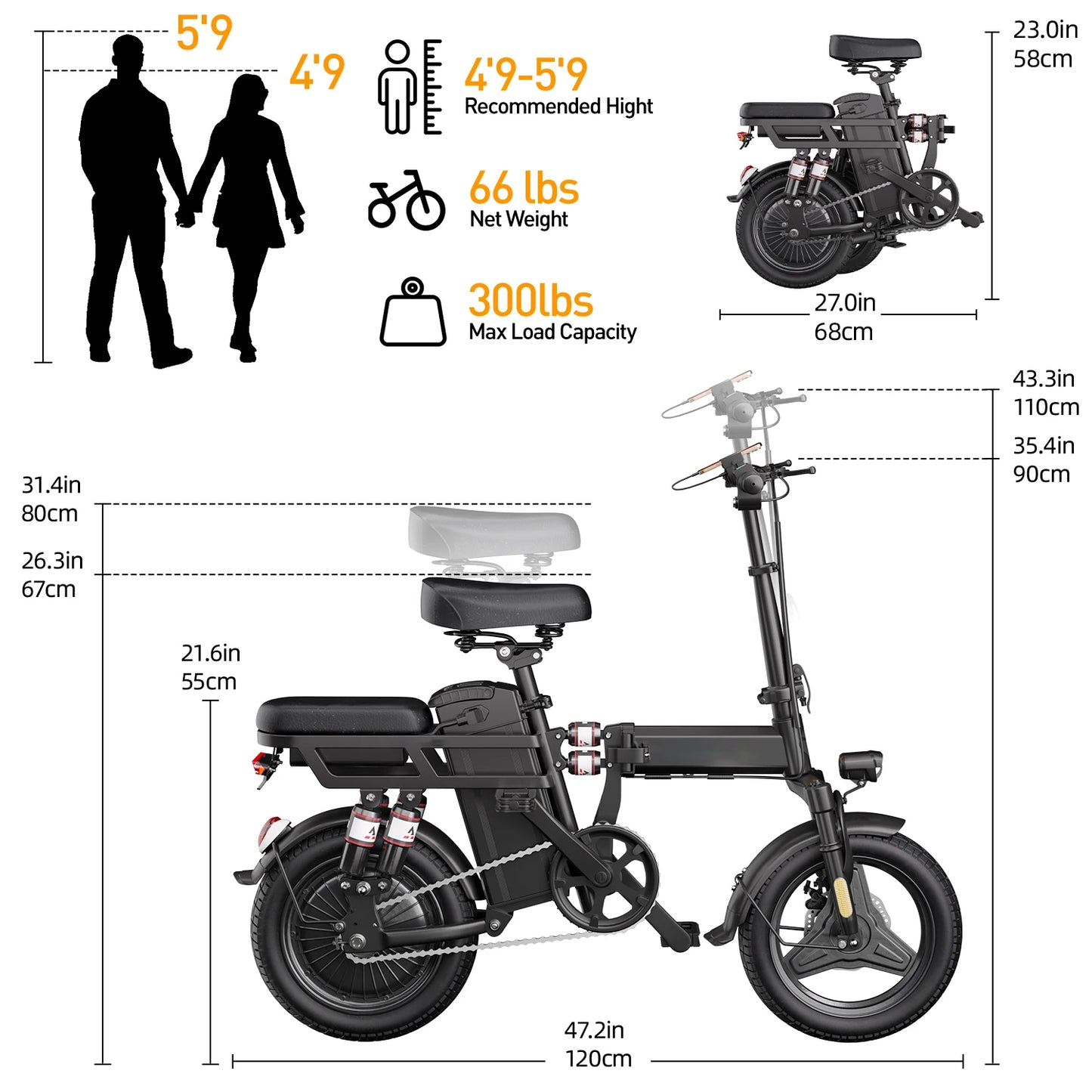 Folding Electric Bike 19 MPH Speed 30 Miles Long Range 48V 20AH/15AH/10Ah Battery,500W Motor, Compact Portable E-Bike for Adults