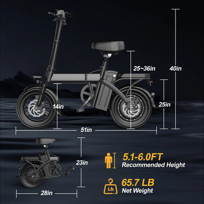 Folding Electric Bike 19 MPH Speed 30 Miles Long Range 48V 20AH/15AH/10Ah Battery,500W Motor, Compact Portable E-Bike for Adults