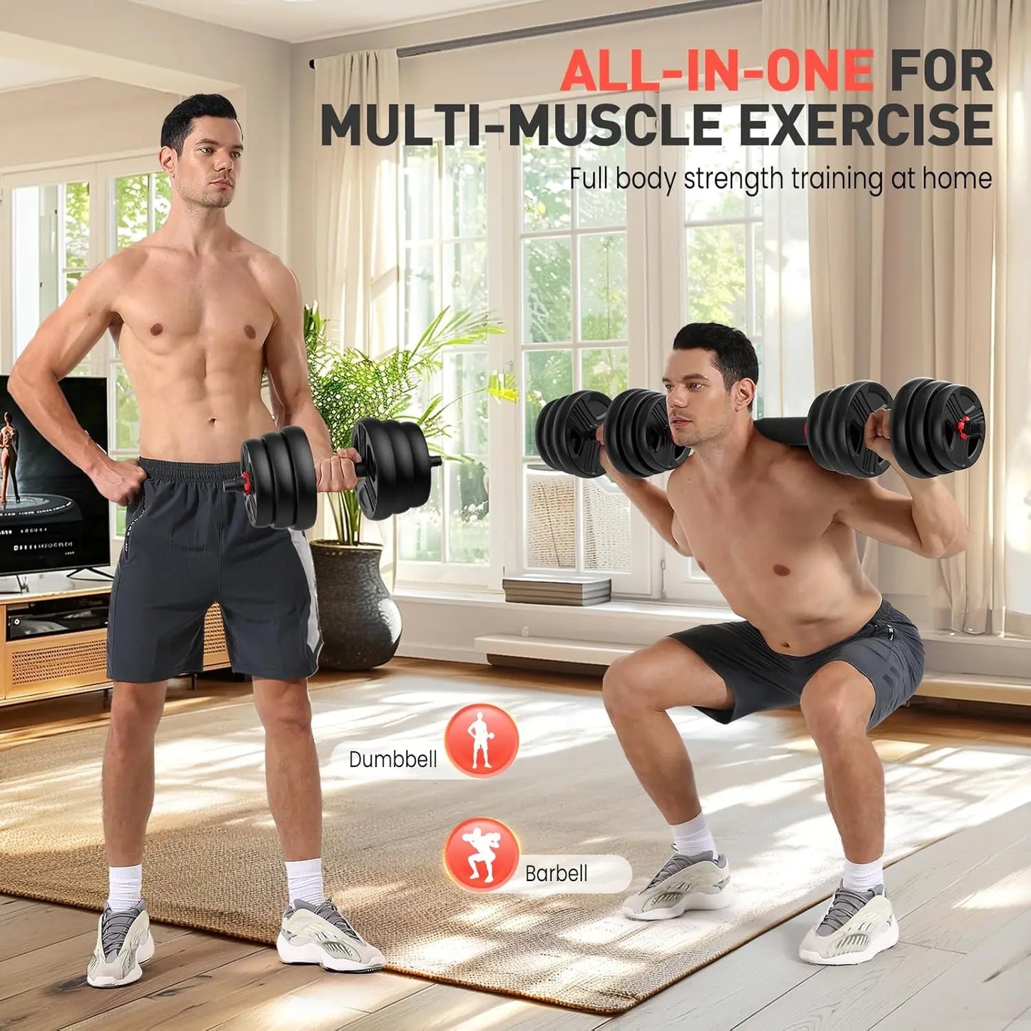 Adjustable Dumbbells, 30lbs total (15lb pair) Free Weights Dumbbells Convertible 2 or 3 in 1 Set Used as Barbell, Kettlebells